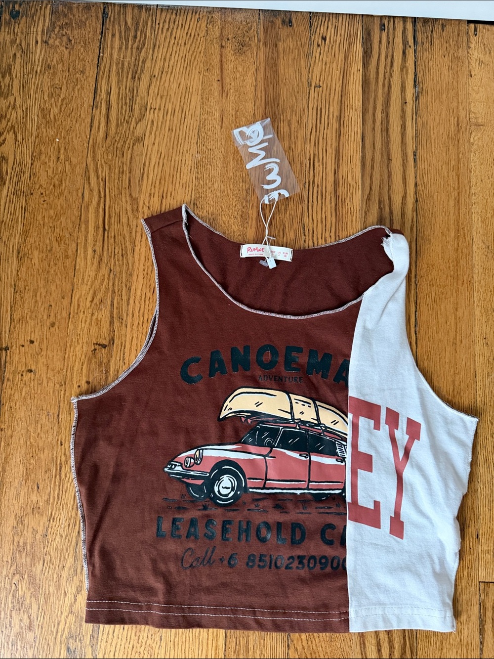ROMWE Brown and White Graphic Cropped Tank size 4